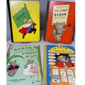 Vintage Babar the Elephant Book Lot 1937 1951 English French Jean de Brunhoff